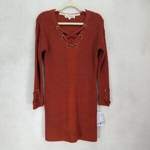 NEW Jolt M Lace up front Sweater Dress in Red Rock Long Sleeves Ribbed Knit